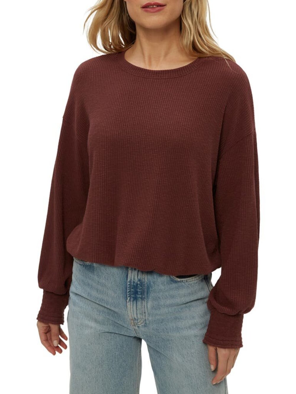 Michael Stars Tia Ribbed Crew Neck Smocked Cuffs Sweatshirt in Espresso Brown S